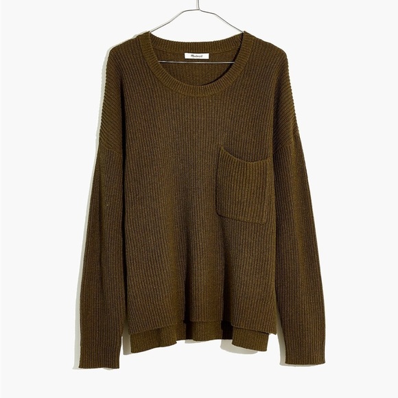 Madewell Thompson Pocket Pullover Sweater Dark Olive Green Oversized Ribbed M - Picture 2 of 11